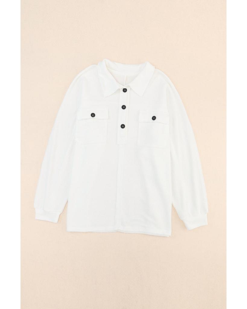 Azura Exchange White Plus Size Long Sleeve Flap Pocket Henley Top