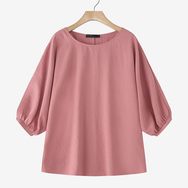 

ZANZEA Женская повседневная блузка с круглым вырезом, однотонная, свободного кроя, с рукавом до локтя S розовый