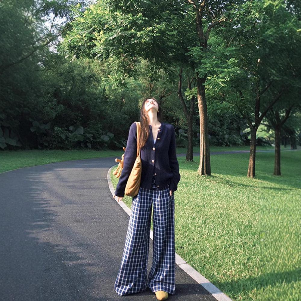 Women's Retro Blue Plaid High Waist Wide Leg Pants - Loose, Floor-Length, 145 Petite Style