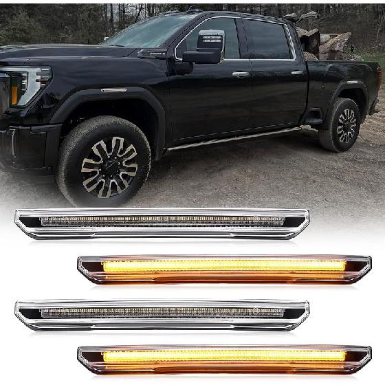 4 PCS Smoked Lens LED Side Marker Lights Replacement For Sierra 2500HD 3500HD     2024 2025, Front & Rear Side Marker Lamp Assembly Kit (Smoked Lens