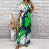 Women Plus Size V Neck Short Sleeve Clover Printed Dark Green Long Straight Dress