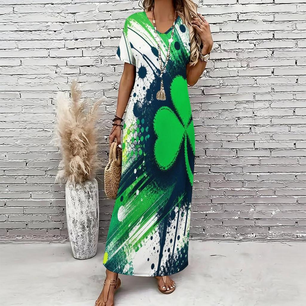 Women Plus Size V Neck Short Sleeve Clover Printed Dark Green Long Straight Dress