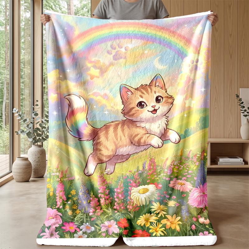Rainbow Fantasy Cat Theme Blanket Lightweight Warm Flannel Blanket Decorative Throw Blanket for Home Decoration