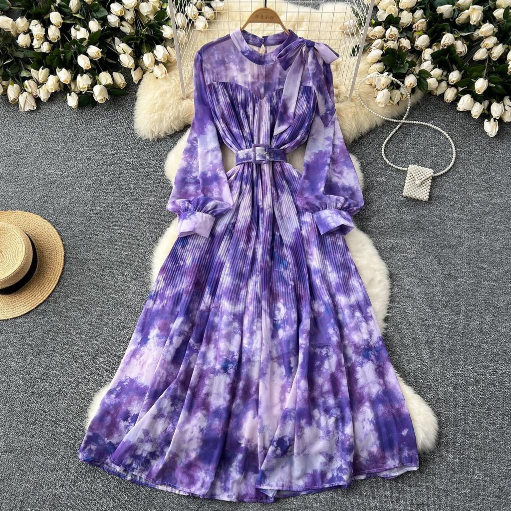 French Vintage Print Chiffon Dress Women Bow Lace-up Lantern Sleeve Elegant Loose Casual Evening Holiday Dresses
