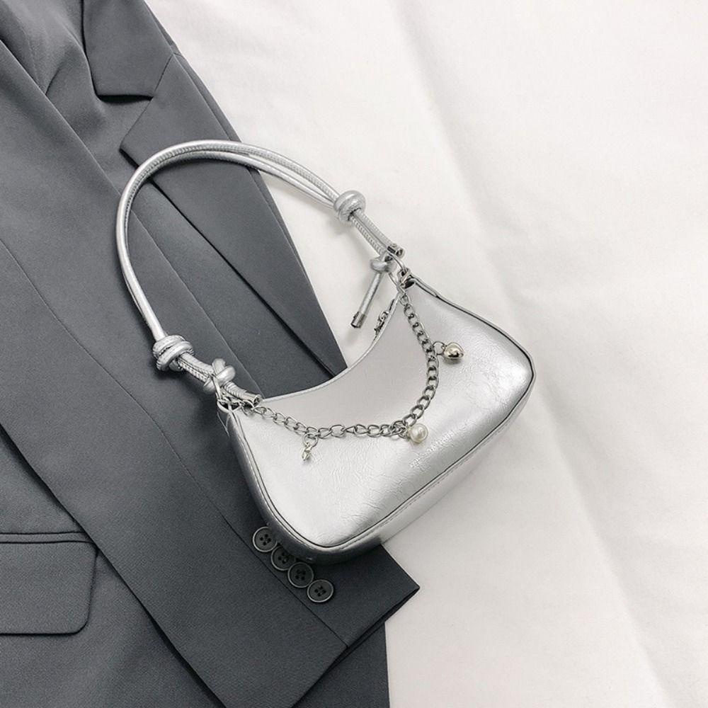 Classic Half Moon Underarm Bag Elegant Y2K Shoulder Bag Casual Silver Tote Bag Shopping