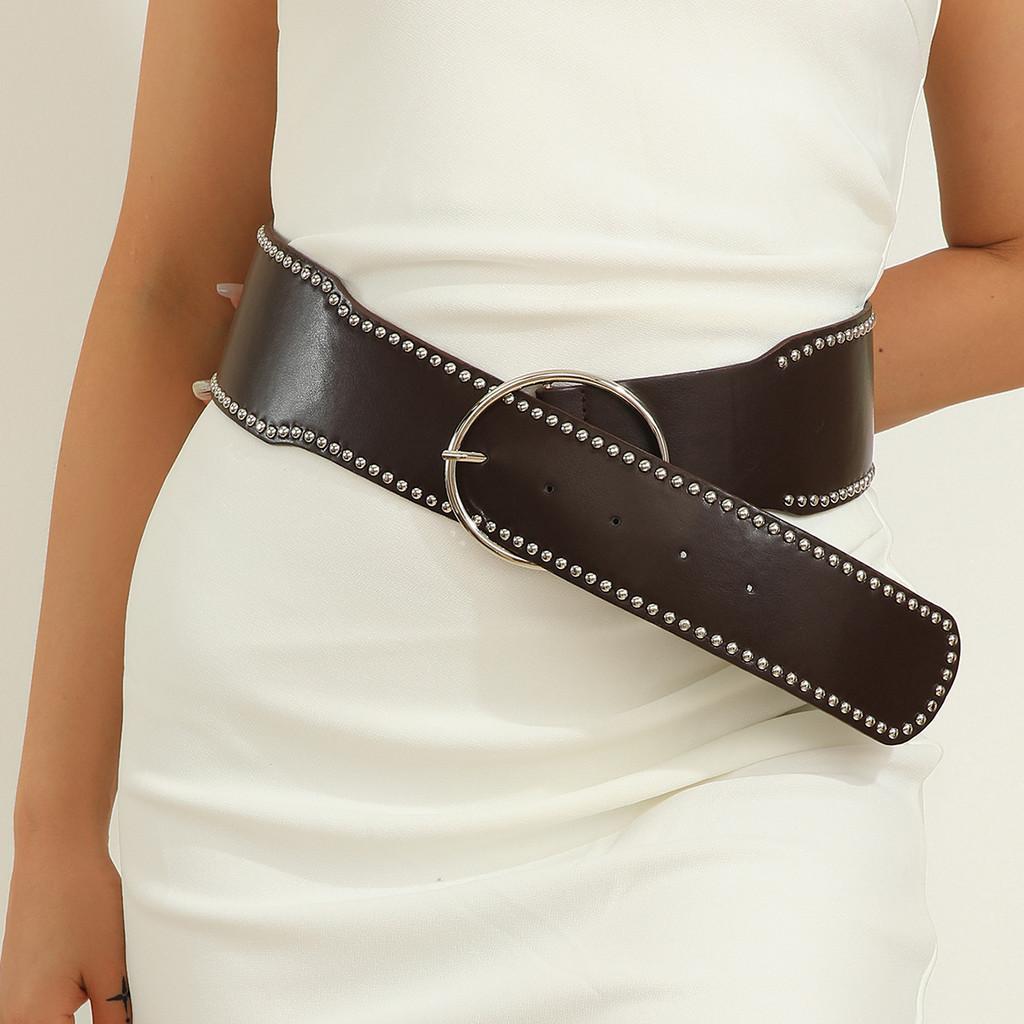 Faux Leather Belt With Rivet Decor And Metal Pin Closure For Trendy Outfits