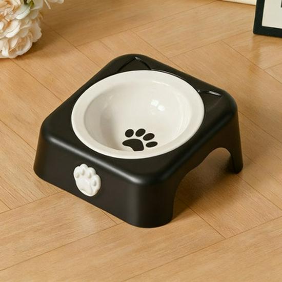 Integrated Cat Food & Water Bowl, Cute Ceramic Design, Sloped Mouth, High-Legged for Cervical Protection