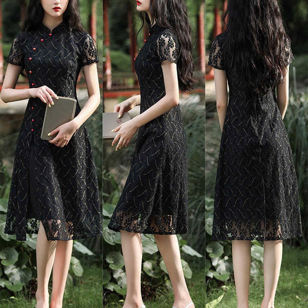 Krajka Středně dlouhá Denní Cheongsam Upravený Nízký výstřih Slim Fit Velká čínská velikost Šaty Ao Dai