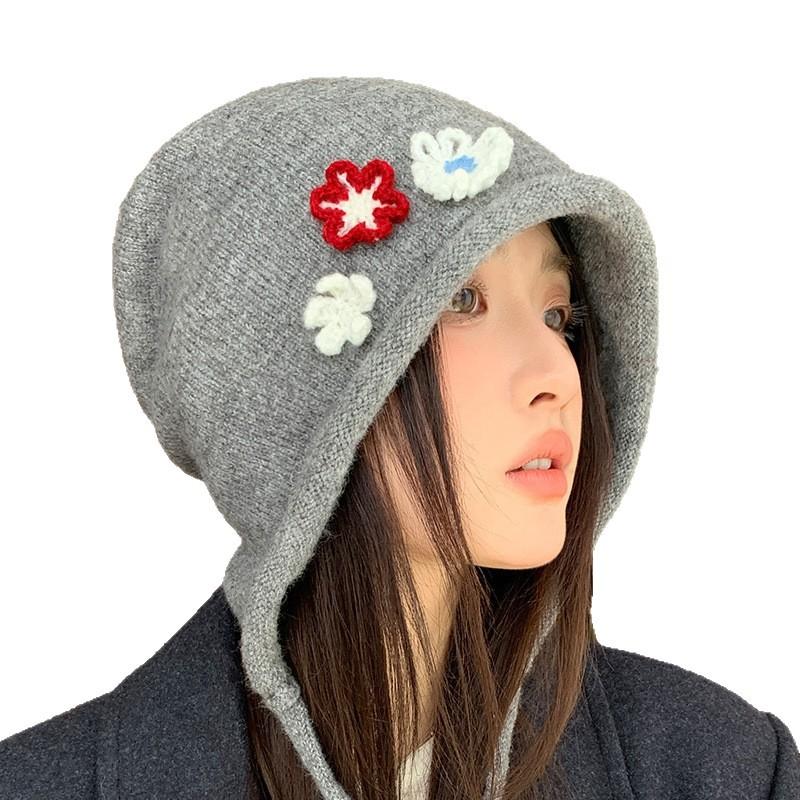 Korean Version of Flower Knitted Fisherman Hat Autumn and Winter New Hat for Women Cute Face Showing Small Pot Hat Casual Versatile Bucket Hat