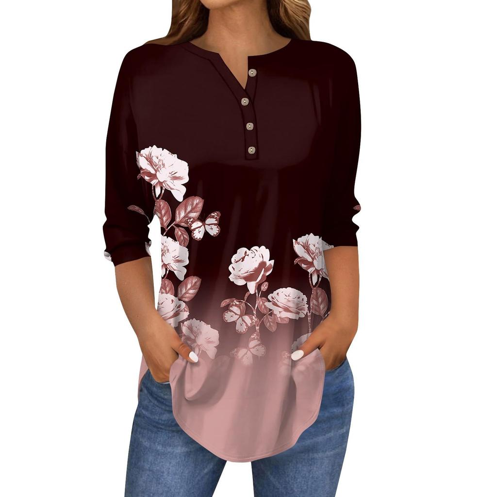 Womens 3/4 Length Sleeve Spring Summer Tops Casual Large Size Retro Floral 3D  Print Shirt Trendy Loose Women Clothing Blouse