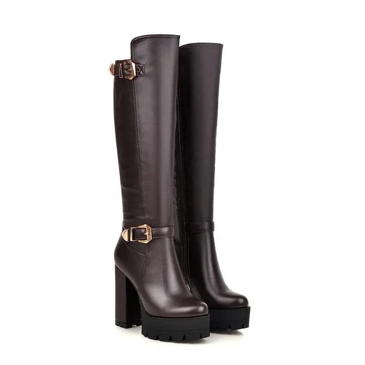 Women's Boots Autumn Winter New Style Fashion Belt Buckle Round Head Zipper Thick Heel High Heel High Boots