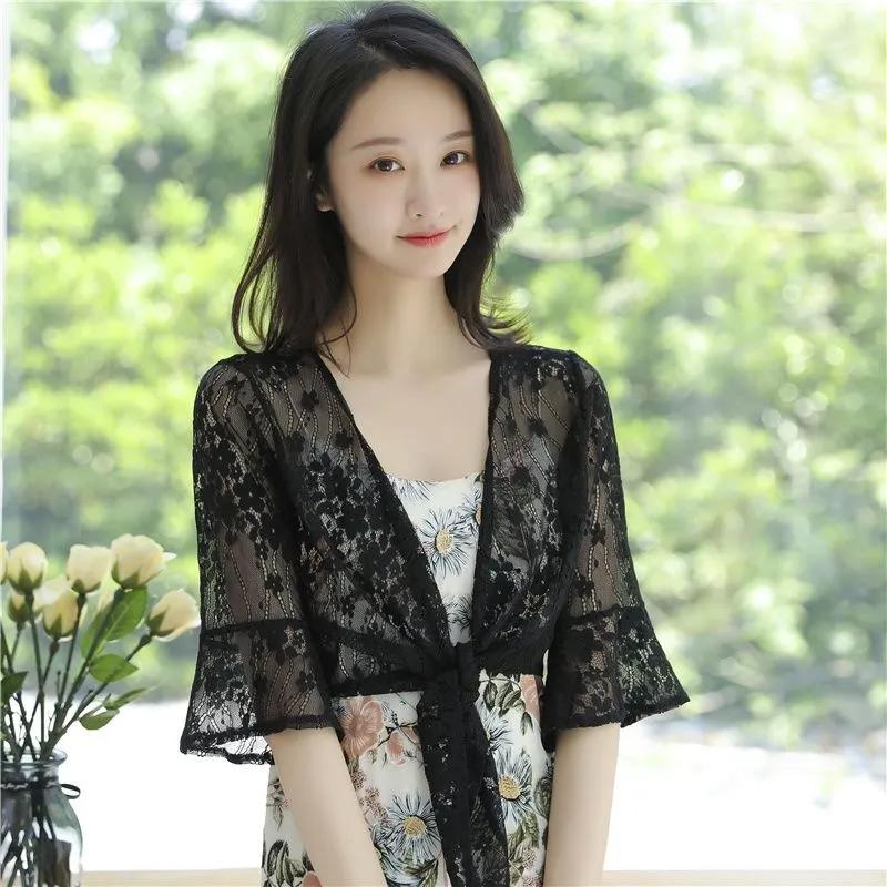 

WTEMPO Ажурные повседневные универсальные тонкие дышащие кружевные кардиганы женские весенне-летние повседневные однотонные солнцезащитные шали пальто M чёрный