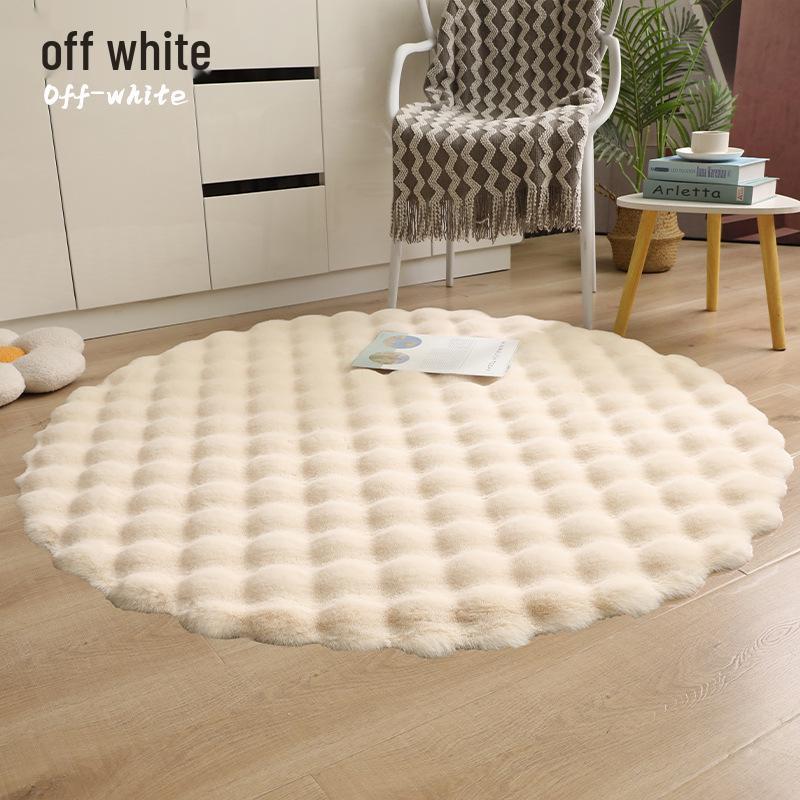 Cream Round Faux Rabbit Fur Rug - Plush Bubble Fleece Floor Mat for Bedroom or Bay Window