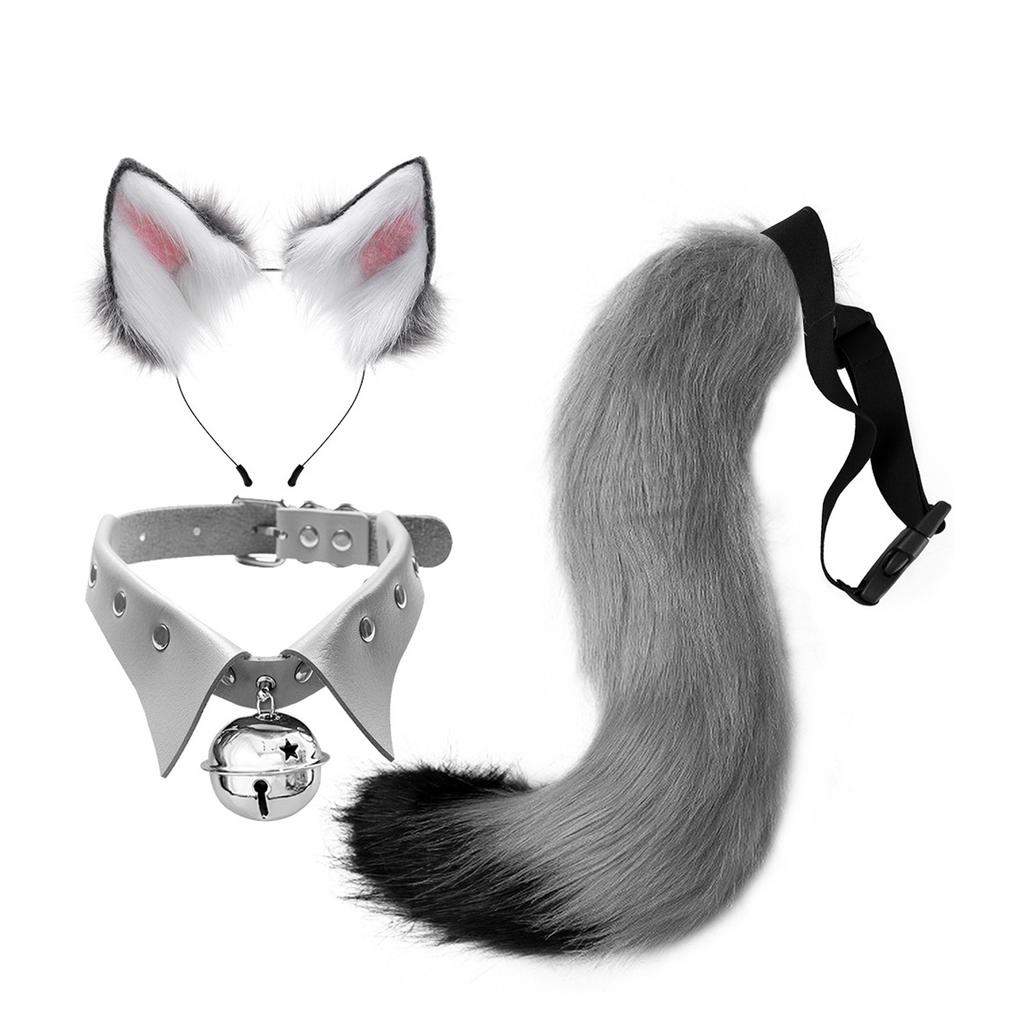 Faux Fur Wolf Fox Tail Ears Hair Clips Neck Collar Set Cat Ears and Wolf Fox Animal Tail Cosplay