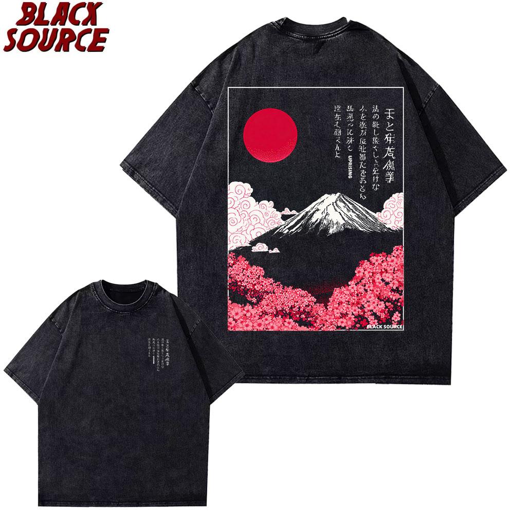 

T Mount Fuji Cherry Blossoms Prints Washed TShirts Womens Cotton Short Sleeve Tops Summer ONeck Oversized T Shirt Basic S