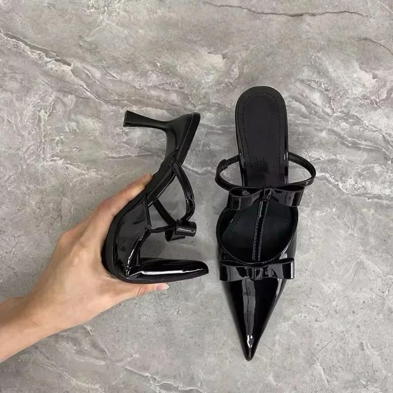 Fashion 2025 New Bow Baotou Half Slippers Women's Summer Wear Temperament Pointed Toe Stiletto High Heel Sandals