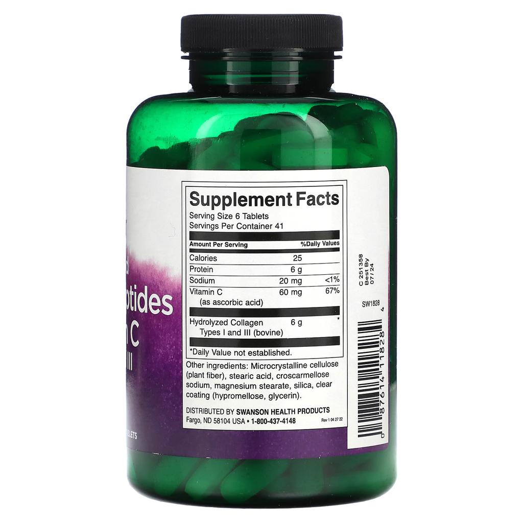 Hydrolyzed Collagen Peptides + Vitamin C, 250 Tablets