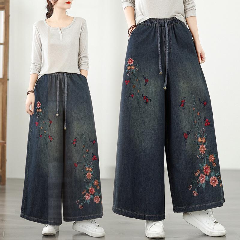 Real Shot Plus Size Women s Ethnic Retro Loose Denim Wide-Leg Pants with Heavy Embroidery 2XL джинсовый синий