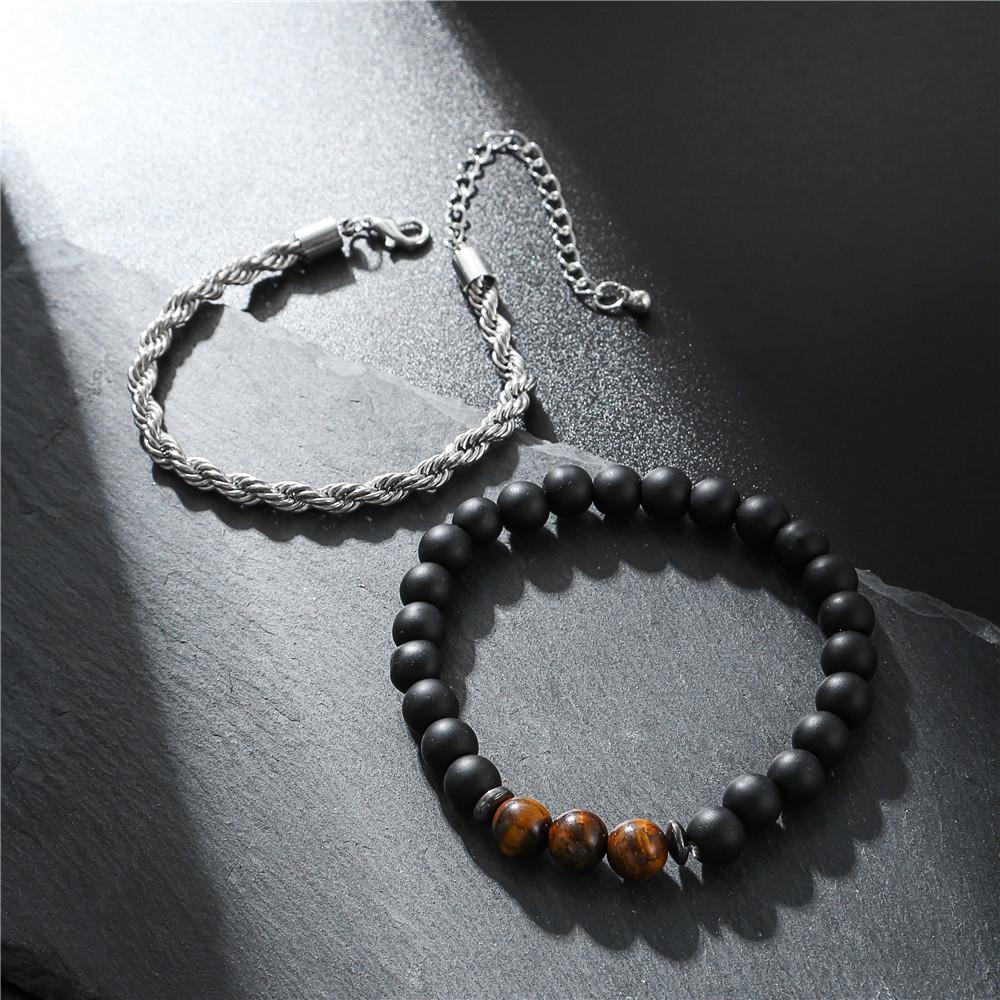 Matte Black Cubic Zirconia Ball & UFO Pendant Braided Bracelet Set