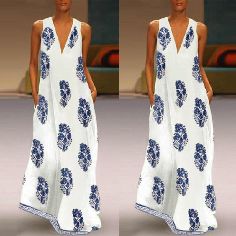2019 Sleeveless Leaf Dress Printed Vintage Evening Beach Dress Loose Waist