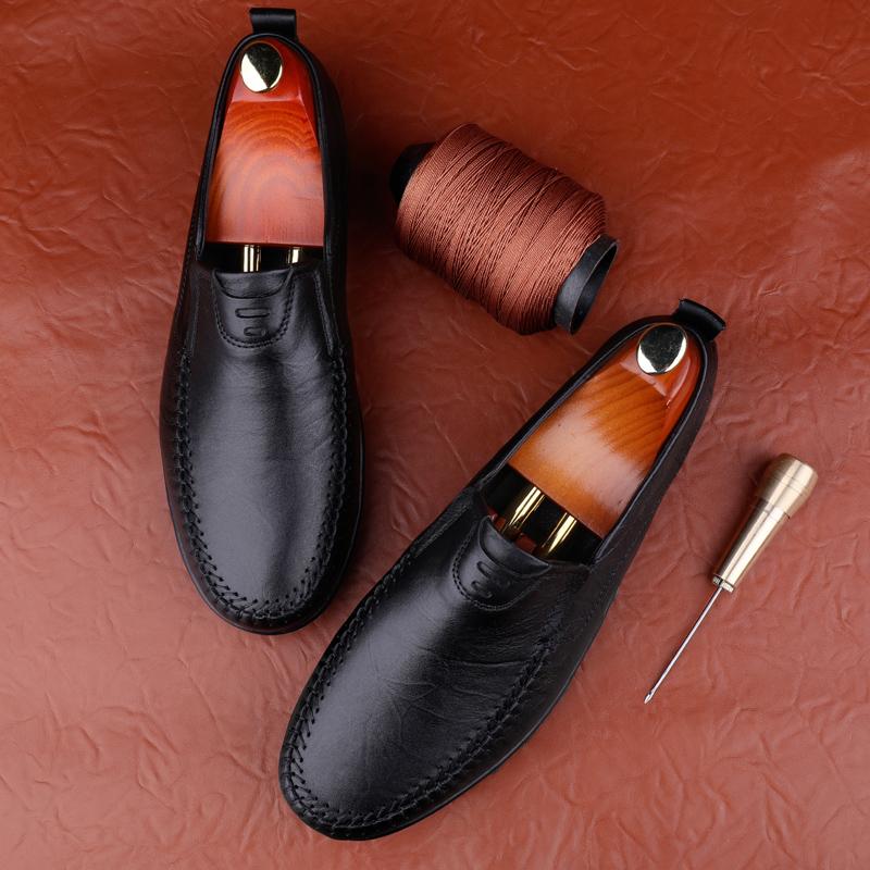 New Handmade Leather Loafers Mens Shoes Casual Slip On Driving Shoes Genuine Leather Breathable Business Shoes Flat Summer Shoes