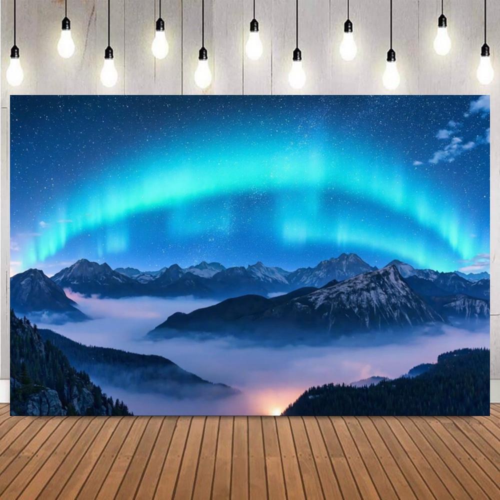 Winter Night Sky With Aurora Backdrop Snow Scene Mountains Lake Forest Starry Sky Natural Landscape Decor Photography Background14