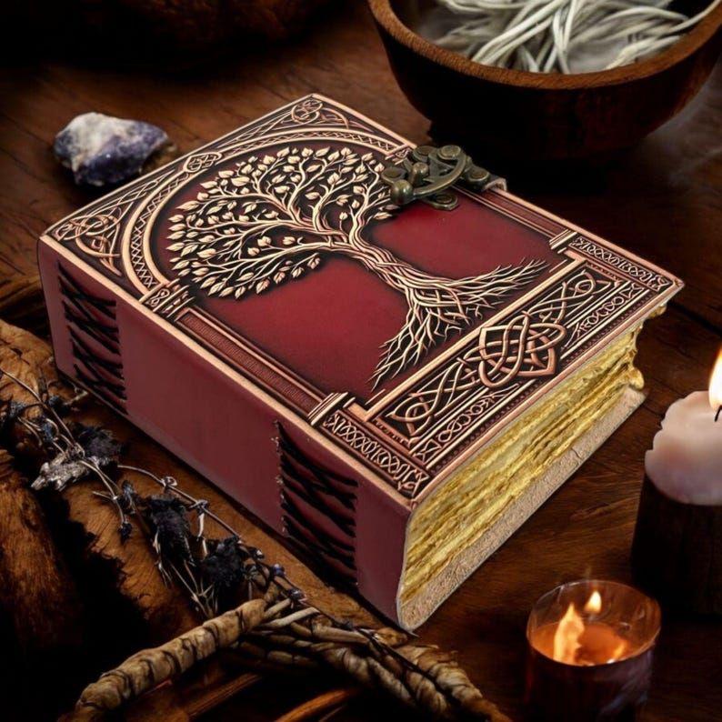 Large Grimoire Vintage leather journal, Tree of Life Fat Journal, Blank spell book of shadows Celestial Gifts For Him Her