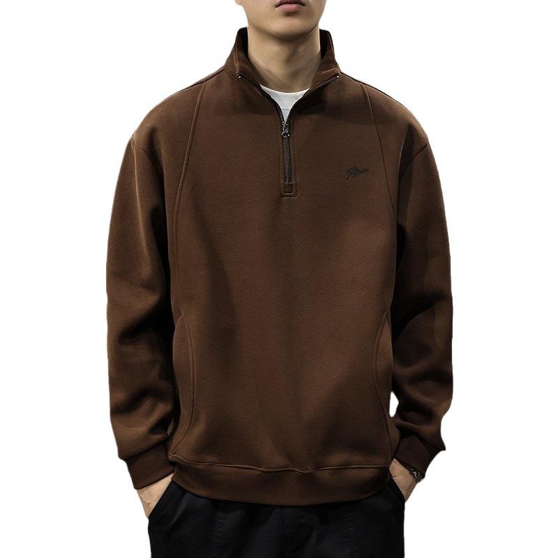 Heren Herfst Retro Geborduurde Zware Half-Ritssluiting Losse Pasvorm Opstaande Kraag Hoodie Pullover
