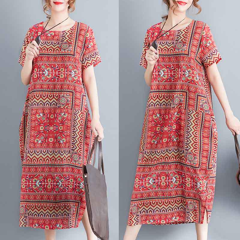 Buy Fashion Ladies Printed Split Robe Women O Neck Short Sleeve Floral ...