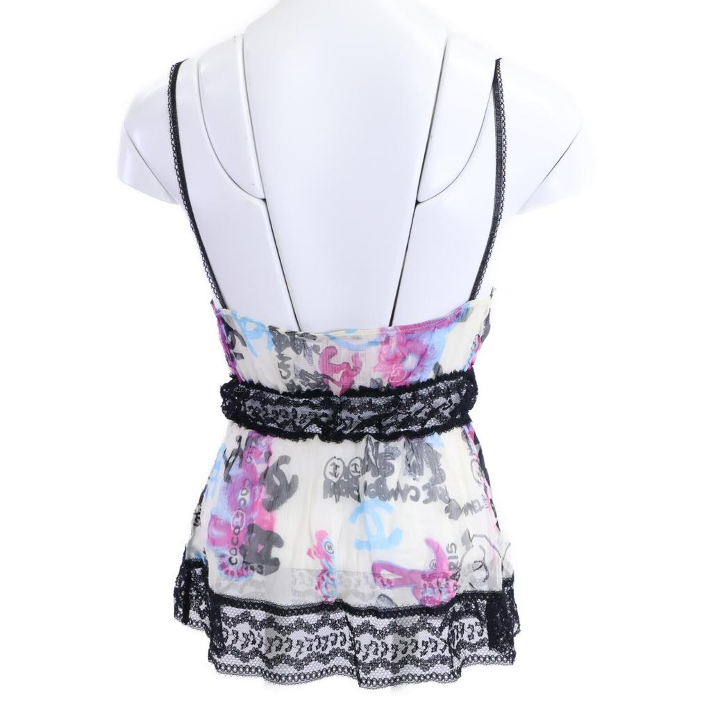 Chanel 07C P29955V19739 Silk Graffiti CC Logos Lace Trim Camisole Tops 38 black/white/multicolorUsed