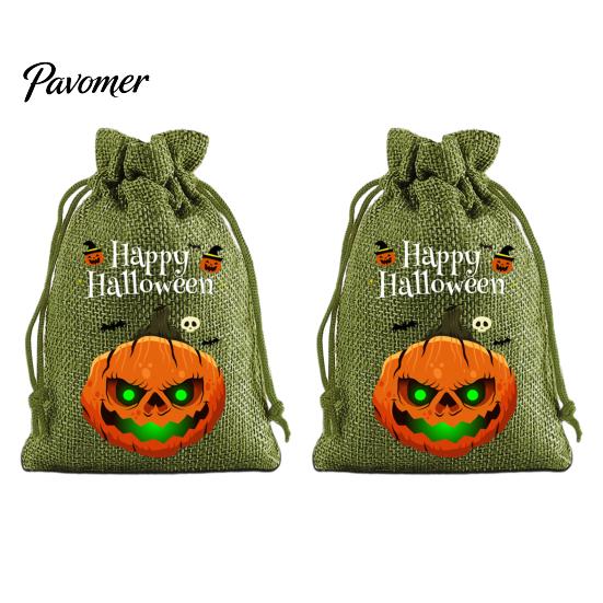 Trick or Treat Party Souvenirs 2Pcs Halloween Pumpkin Drawstring Bags for Candy Treats, Retro Burlap Rustic Linen Goodie Bags, Portable Kids