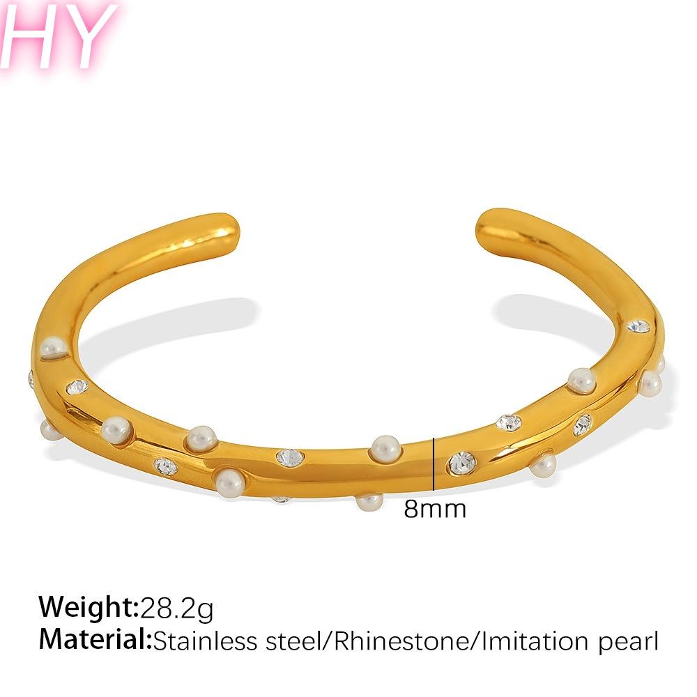 HY 316L Stainless Steel Open Cuff Bangle Gold Plated with Pearl Crystal Accents Jewelry 22.5cm золотой