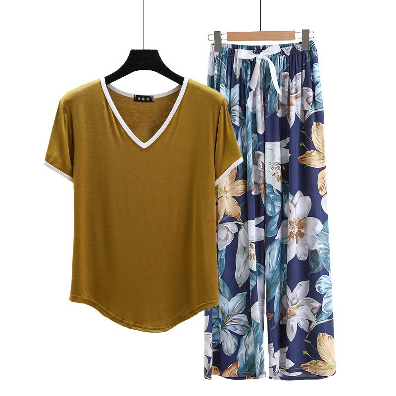 Modal Loungewear V-Neck color-block Tshirt and Floral Wide leg pants Summer Thin Pajamas sets Casual Plus size Homewear 2pcs suit Comfort clothing