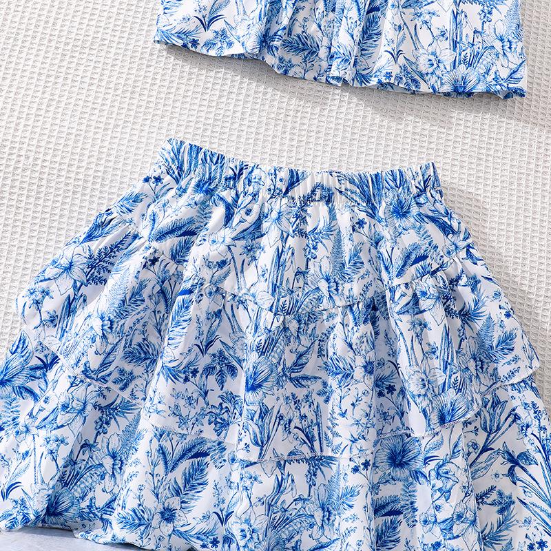 Girls' Fashionable Blue Outfit - Summer Children's Sweet Floral Top and Skirt Set