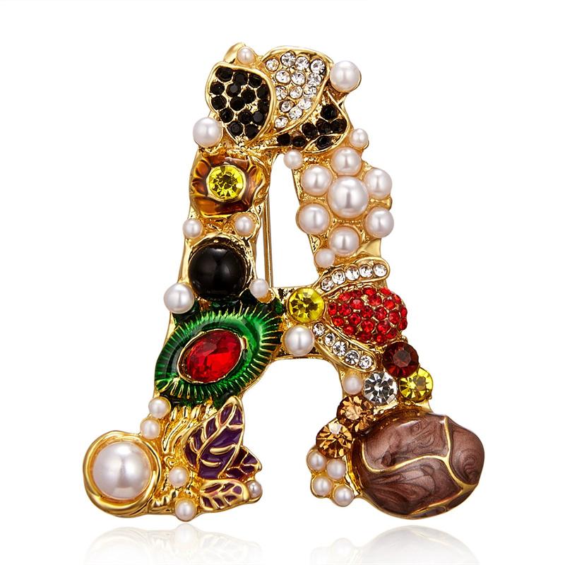 Vintage Letter A D G S M Enamel Imitation Pearls Brooches Women Baroque Alphabet Initial Pins Wedding Jewelry