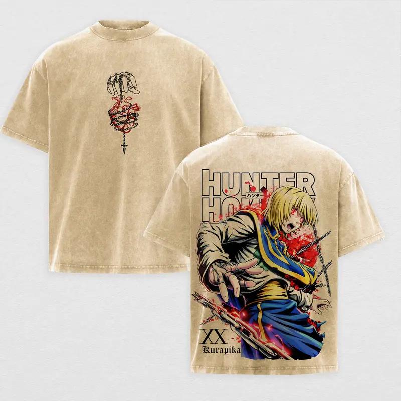 Hot Anime Hunter X Hunter Kurapika Print T-shirt Men Short Sleeve Clothing Cotton Tshirt Retro Washed T Shirt Male Manga Tops