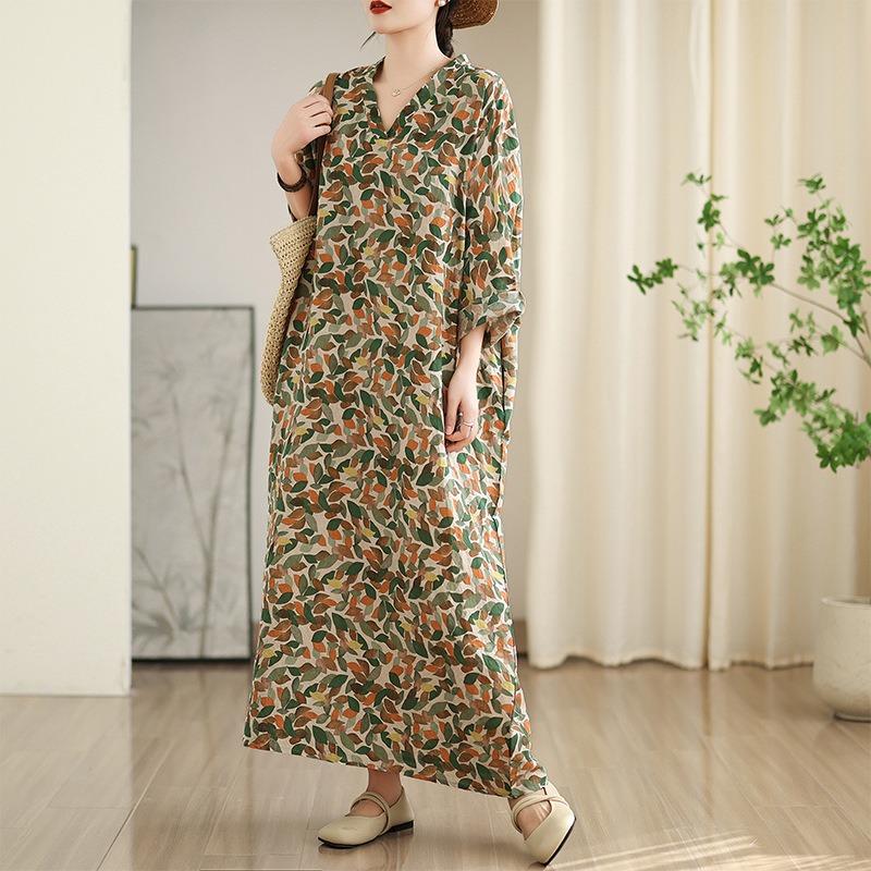 Real Early Spring New Holiday Style Travel V-neck Literary and Retro Medium and Long Meat-covering Cotton and Linen Dress