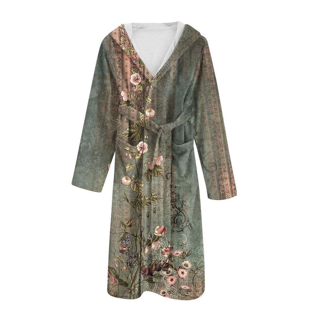 Flanell-Bademantel für Damen und Herren, lange Länge, Blumenmuster, Schnelltrocknend und Saugfähig, Geeignet für Alle Jahreszeiten, Frühling, Sommer, , Winter,