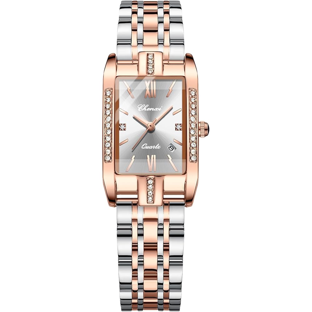 Women s Square Diamond Watch Zircon Crystal Quartz Calendar Stainless Steel Band Silver