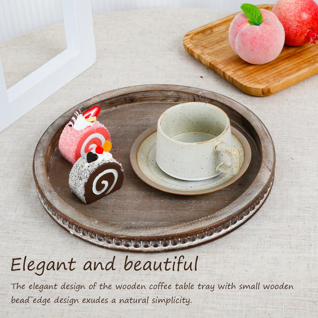 Round Wood Tray Rustic Wood Beaded Tray Elegant Serving Tray Decorative Coffee Table Tray Home Decor Kitchen Storage Tray