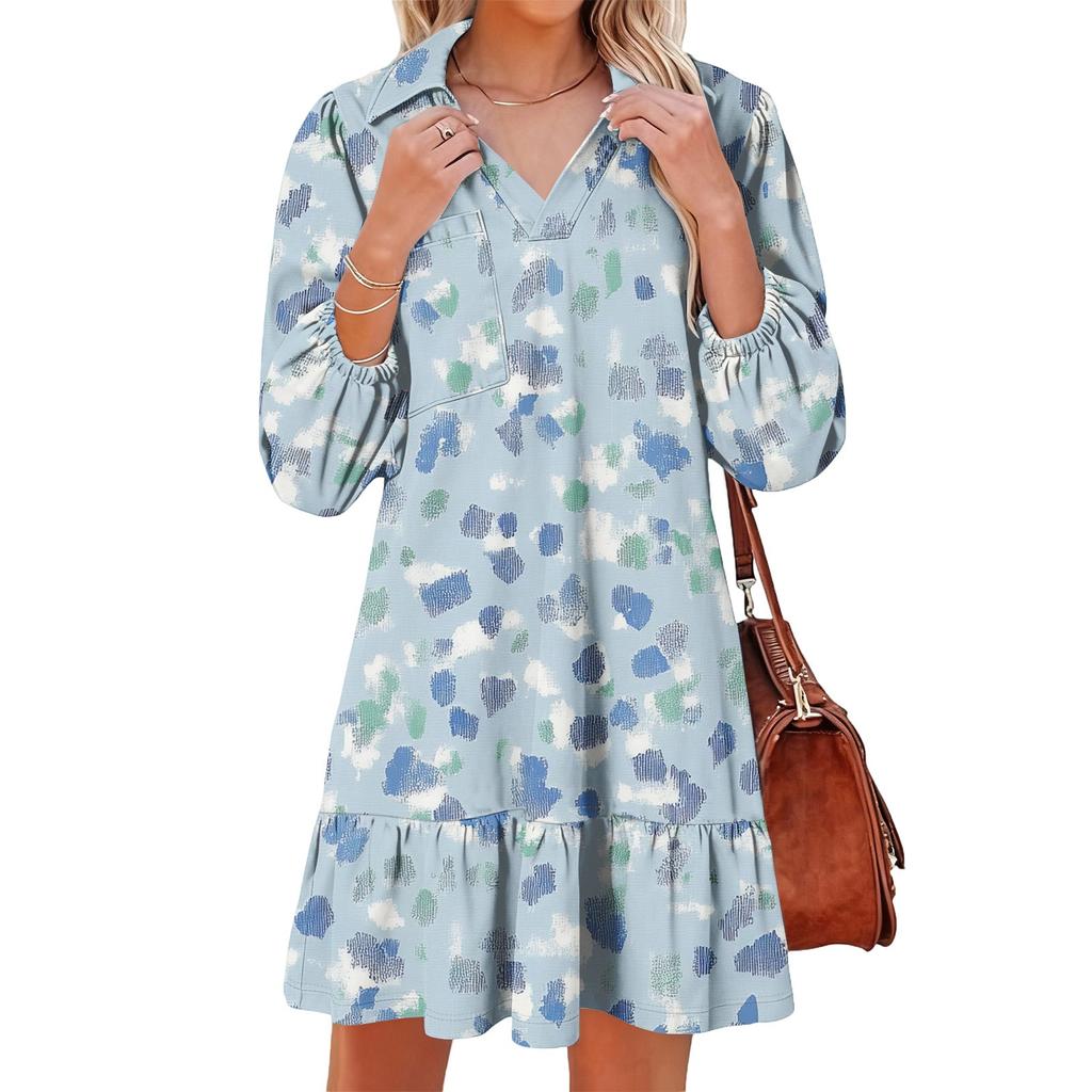 Women's Fashion Elegant Autmn And Winter Long Sleeve V,Neck Christmas Print Dress