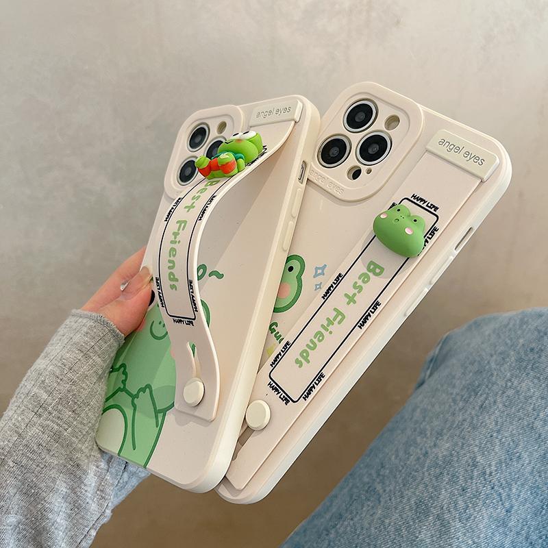 Roztomilý 3d náramek Frog pouzdro na telefon pro Iphone 14 Pro Max 13 12 11 Kryt stojanu Kreslený měkký Tpu Ochrana fotoaparátu Funda