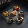 Ingemark 6Pcs/Set Retro Gold Color Signet Chunky Rings Men HipHop Punk Red Green Acrylic Rhinestone Finger Ring Party Jewelry