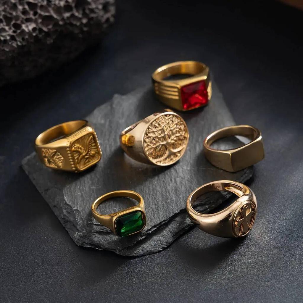 Ingemark 6Pcs/Set Retro Gold Color Signet Chunky Rings Men HipHop Punk Red Green Acrylic Rhinestone Finger Ring Party Jewelry