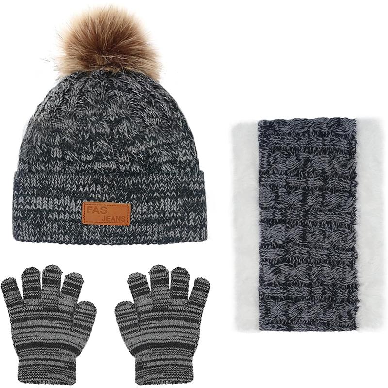 3PCS/set Kids Hat Scarf Gloves Set Baby Winter Warm Girls Boys Pompom Beanie Cap