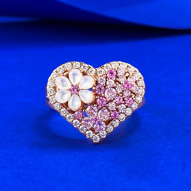 

S925 Silver Colorful Heart Ring with Mother-of-Pearl Flower - 2025 Fashionable Light Luxury Size 5