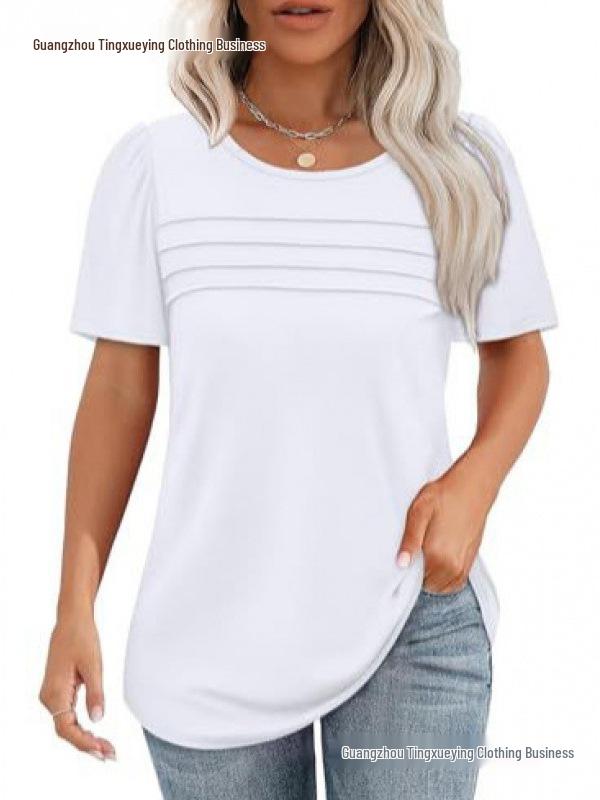 Women's Casual Pleated Loose T-shirt, Round Neck, Short Sleeve, Summer 2026 Collection