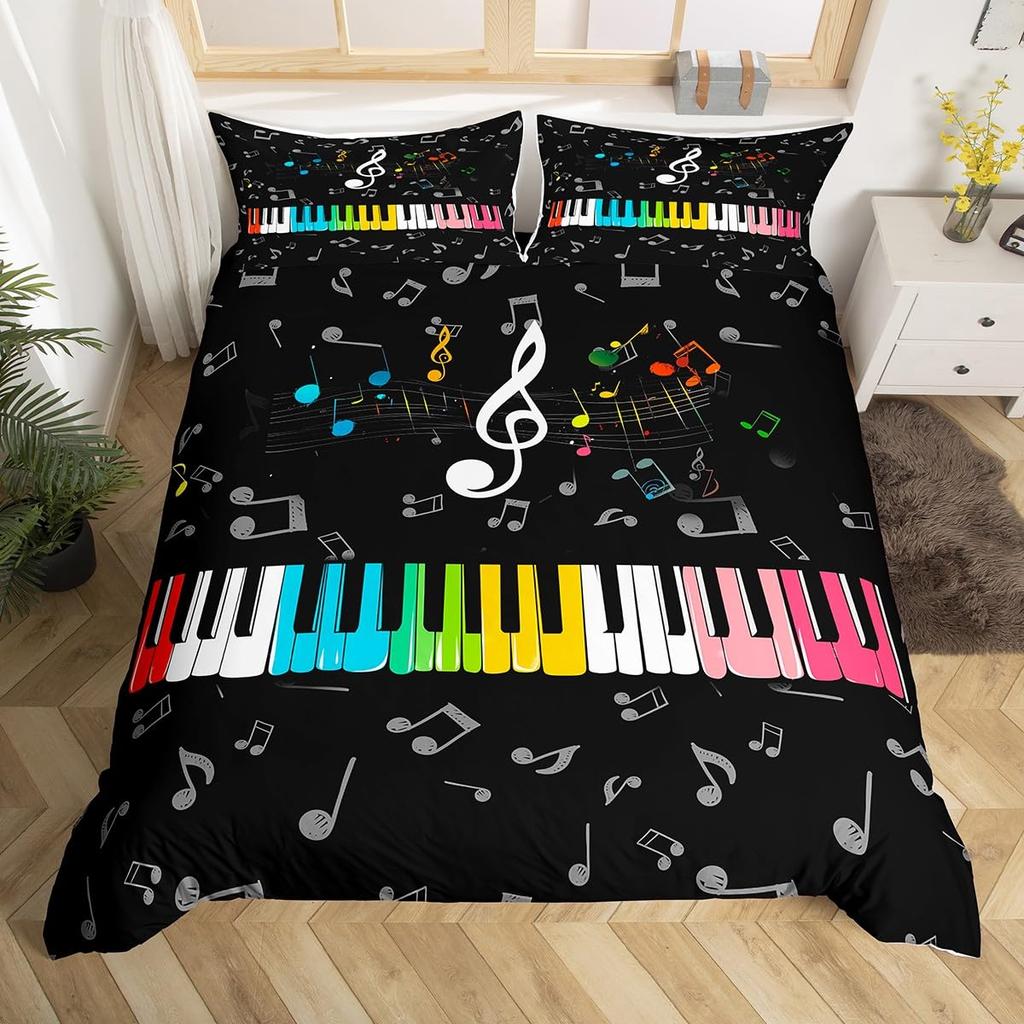Musical Note Bedding Set Queen,Black White Comforter Cover Girls,Kids Piano Duvet Cover Set Music Theme Bedspread Cover