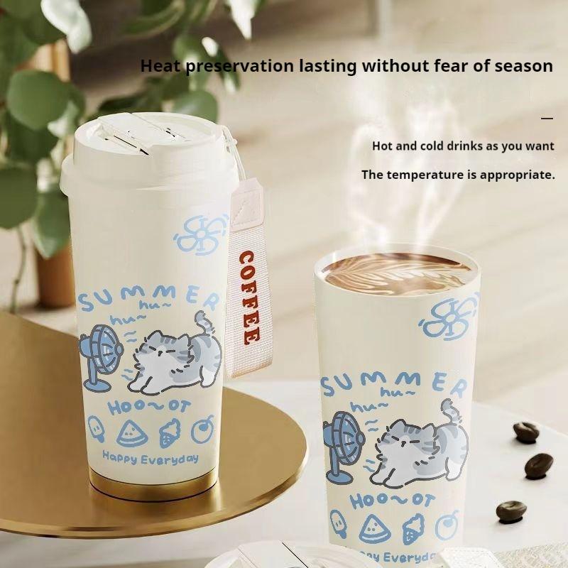 520ml Cute Cartoon Cat Insulated Cup High Appearance Stainless Steel Straw Cup Cold And  Insulation Double Drinking Cup