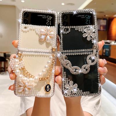 Diamond Pearl Flower Phone Case for Korea for Samsung Zflip 6 Flip Up Folding Screen Ins Wind Handheld Chain
